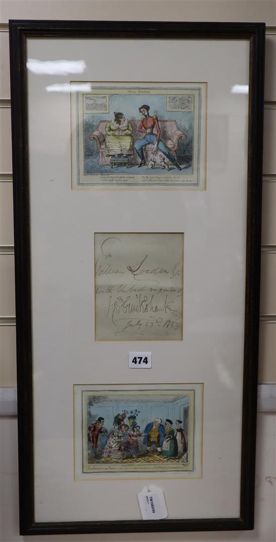 Two 18th century hand-coloured cartoon prints and an autograph note from George Cruikshank (framed together)